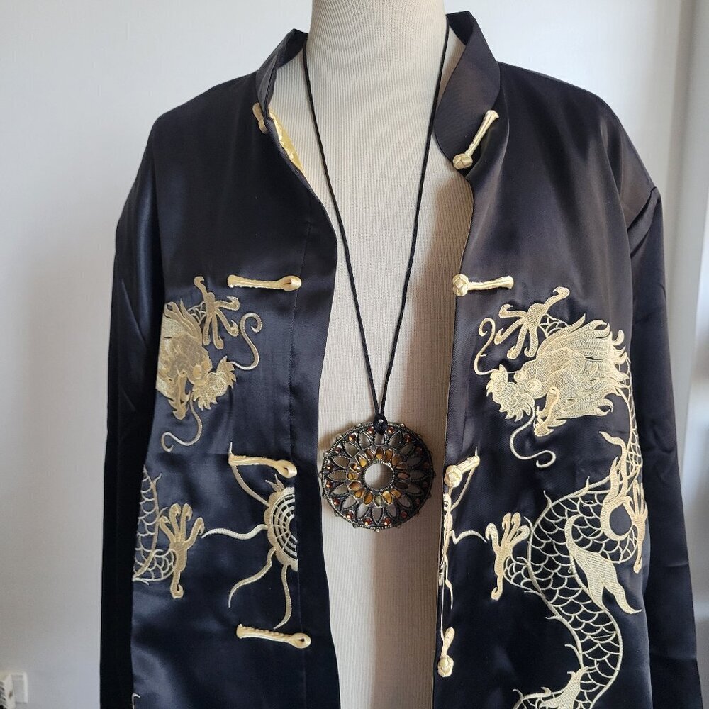Yuexuan China Unisex Satin Black Jacket with Gold Dragon Design (Size: XL)